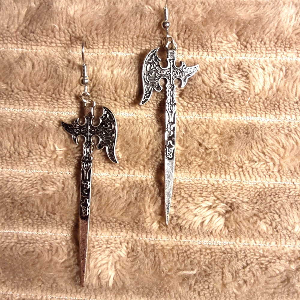 Handcrafted Mideival Ax Earrings Silvertone Dungeons and Dragons